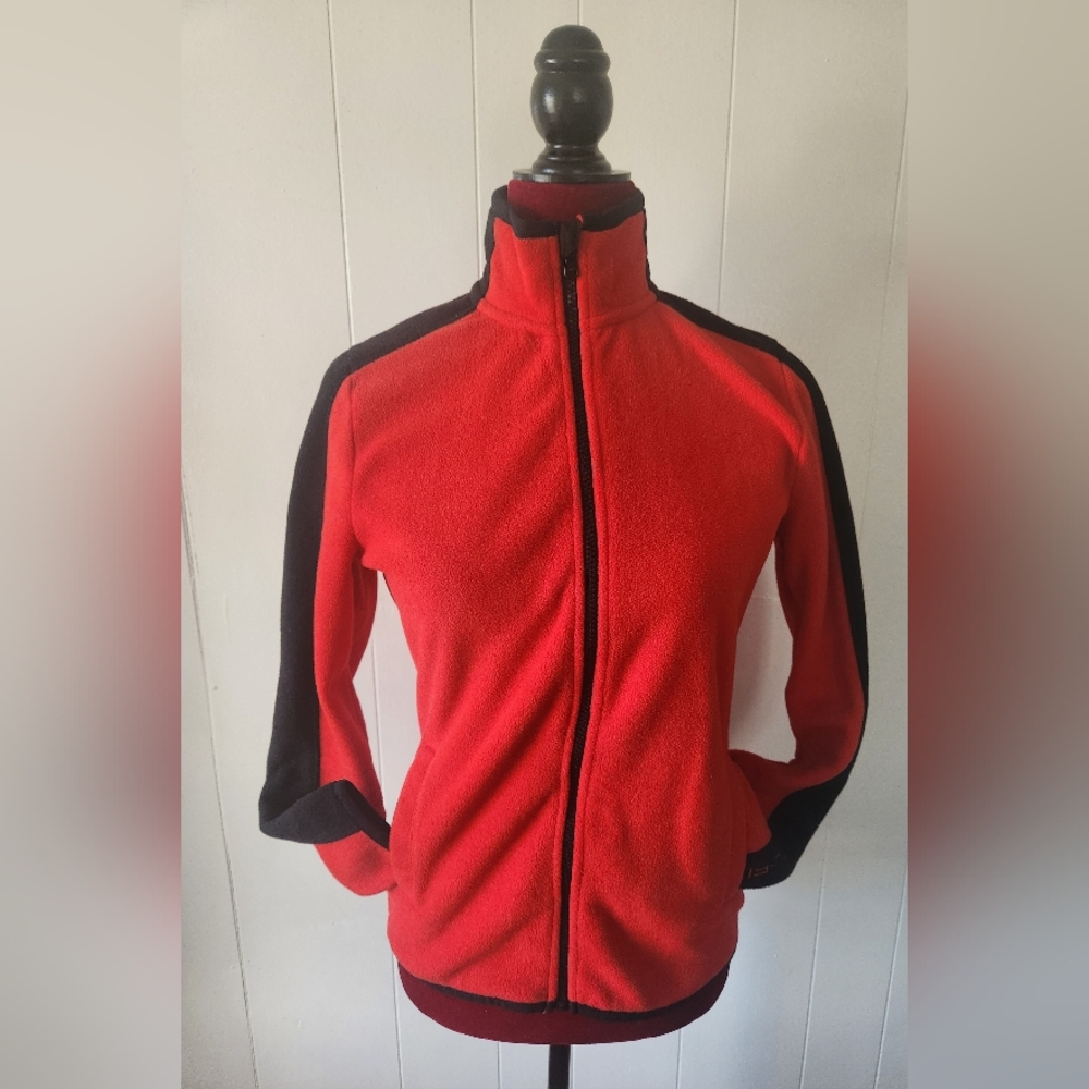 LRL Ralph Lauren Active Women Fleece Jacket Red Black Color Block Zip Pockets XS
